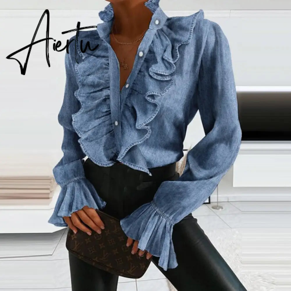 Aiertu Denim Ruffled Long Sleeve Button Shirt Blouse Summer Sexy V Neck Pleated Chiffon Blouses Spring Elegant Office Lady Tops Blusa Aiertu