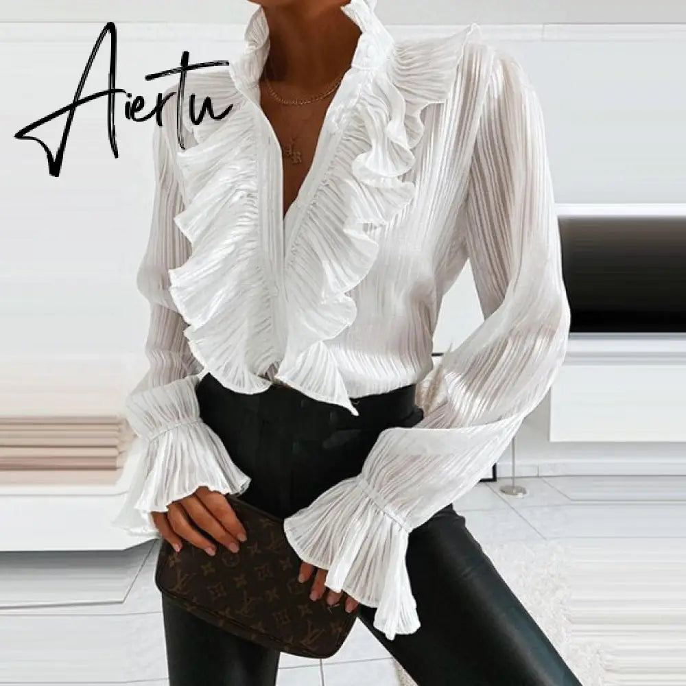 Aiertu Denim Ruffled Long Sleeve Button Shirt Blouse Summer Sexy V Neck Pleated Chiffon Blouses Spring Elegant Office Lady Tops Blusa Aiertu