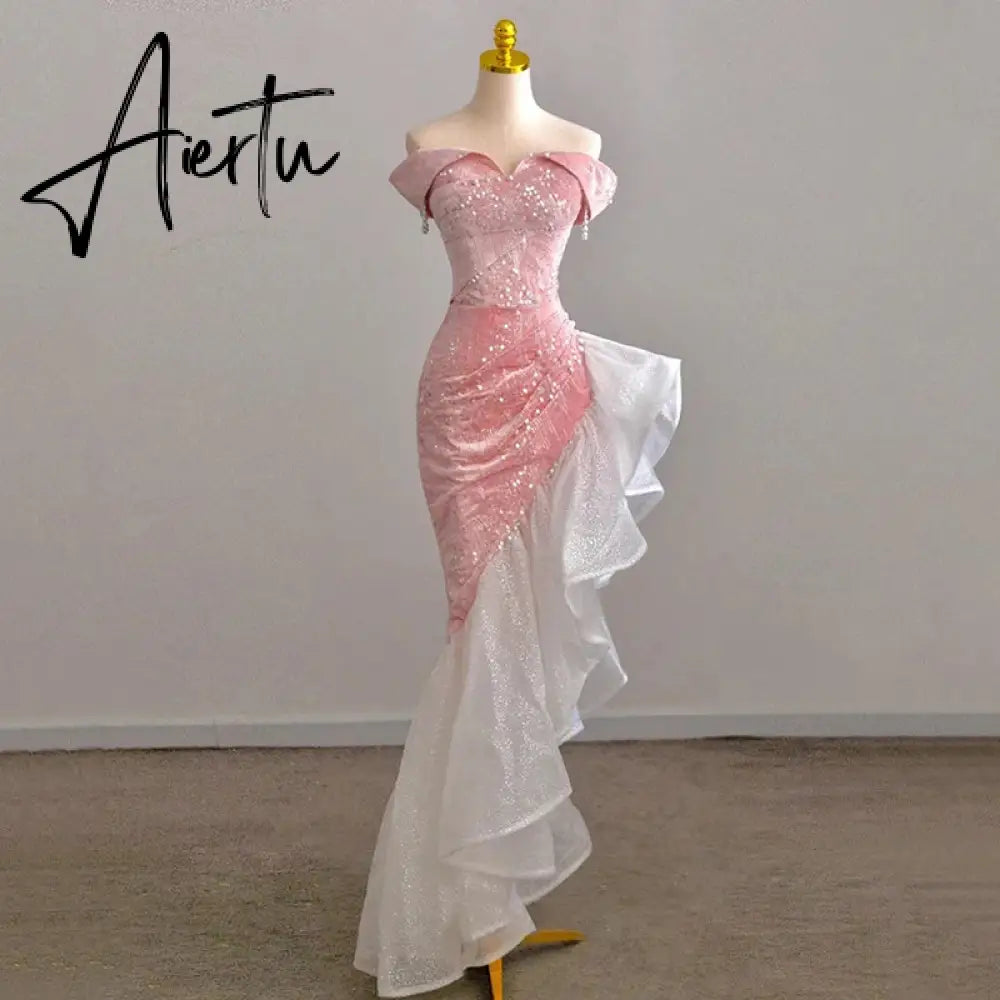 Aiertu Host Evening Dress Luxury Dress Party Sexy Skirt Bare Chest And Sleeveless Dress Party Bridal Toast Dress Pink Glitter Skirt Aiertu