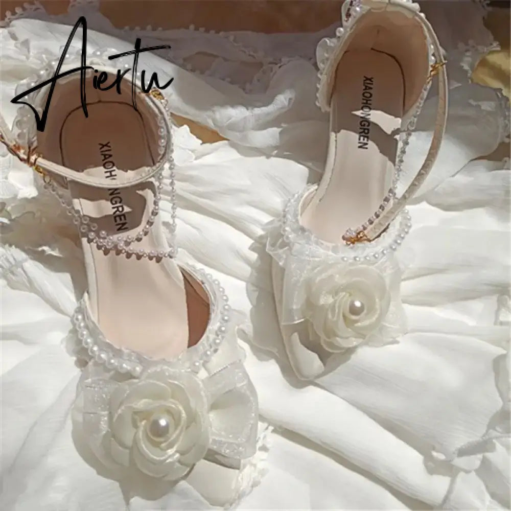 Aiertu Lolita elegant party dresses for women 2024 wedding bridal shoe pointed toe heels Pretty shoes designer ladies heel beige high-e Aiertu