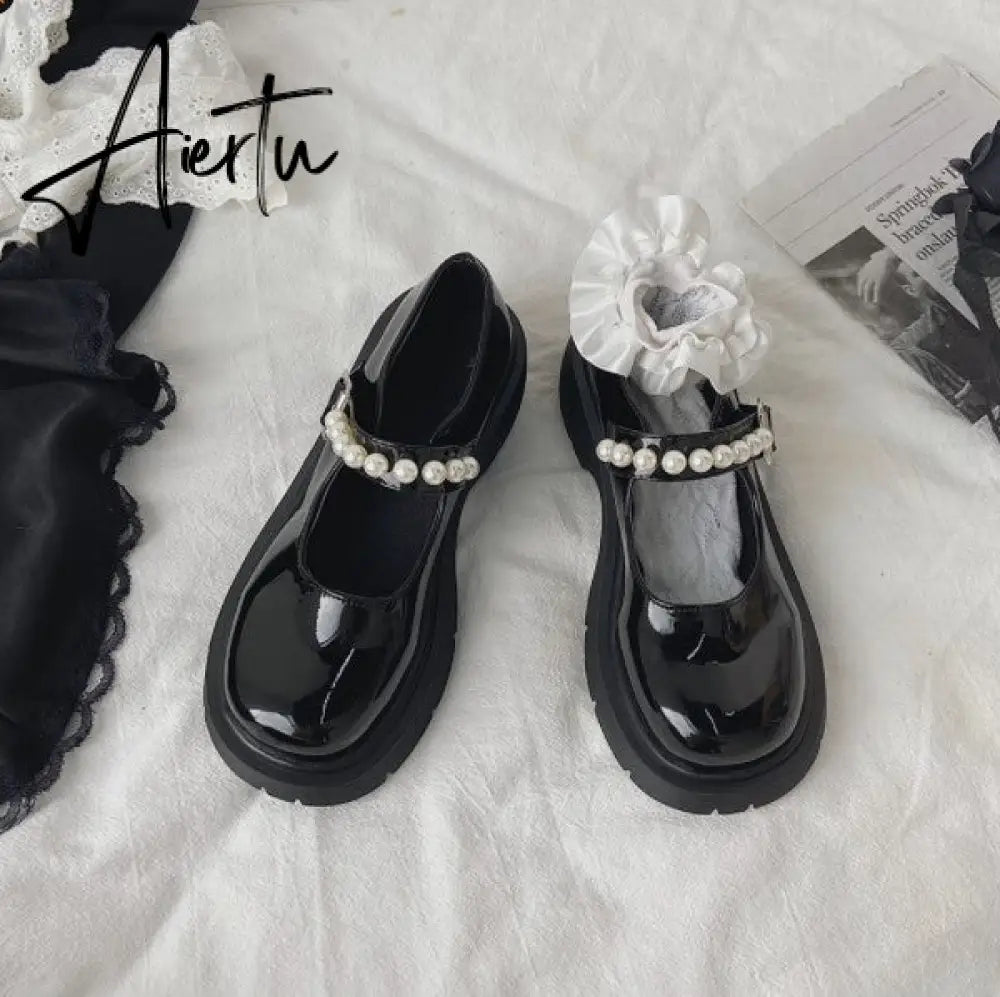 Aiertu Lolita shoes spring fashion pearl platform high heels Mary Jane Japanese retro small leather shoes female college students shoes Aiertu
