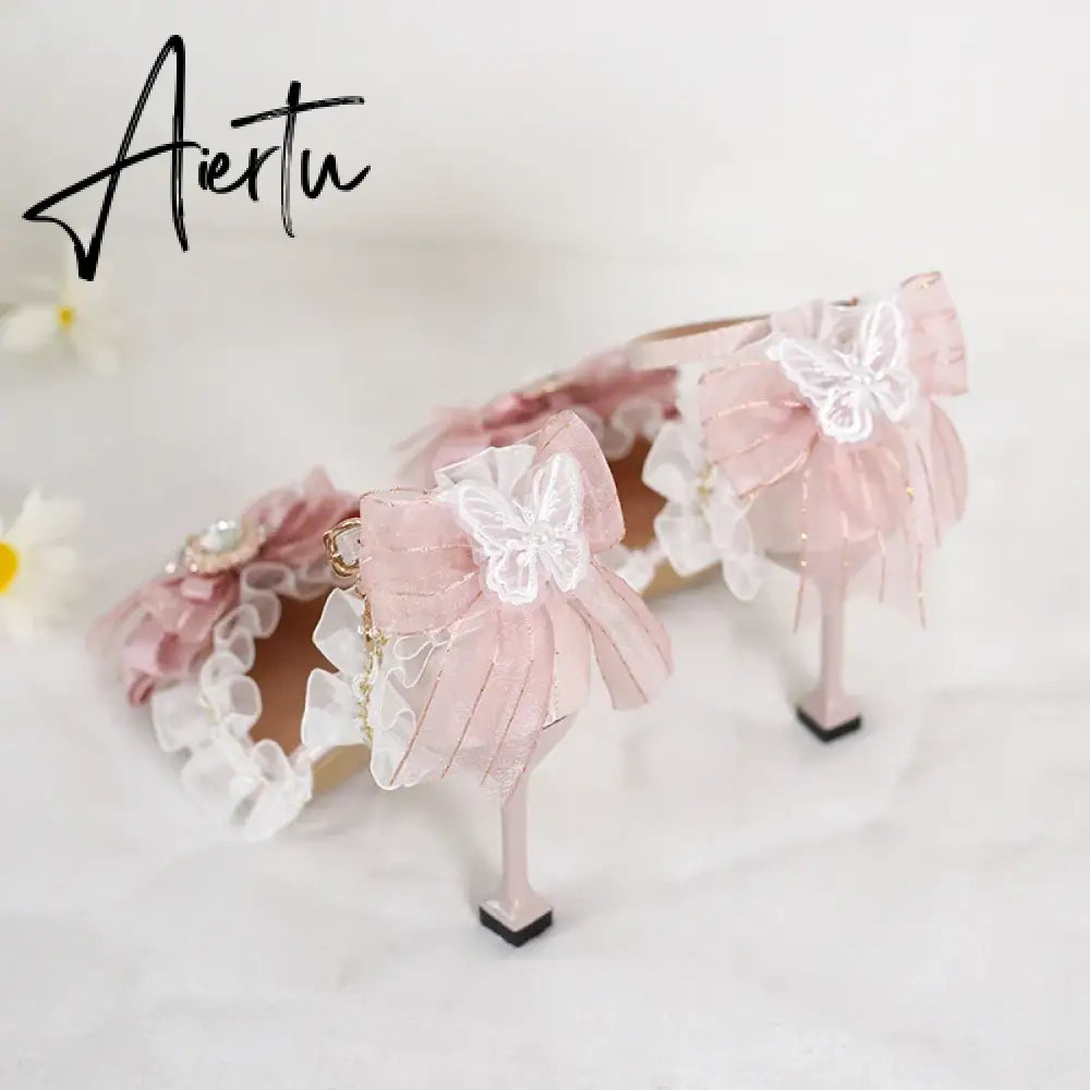 Aiertu Pink Sweet Cute Lolita Women High-Heeled Shoes Spring and Autumn Fashion Bow Diamond Pointed Sandals Fairy Style Party Pumps Aiertu