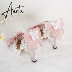 Aiertu Pink Sweet Cute Lolita Women High-Heeled Shoes Spring and Autumn Fashion Bow Diamond Pointed Sandals Fairy Style Party Pumps Aiertu