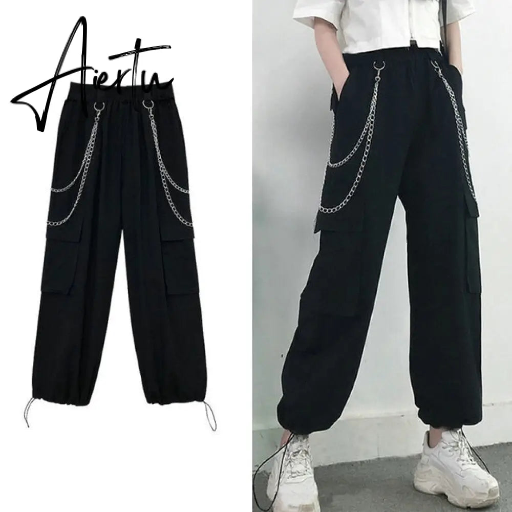 Aiertu Streetwear Cargo Pants Women Casual Joggers Black High Waist Loose Female Trousers Korean Style Ribbon Ladies Pants Aiertu