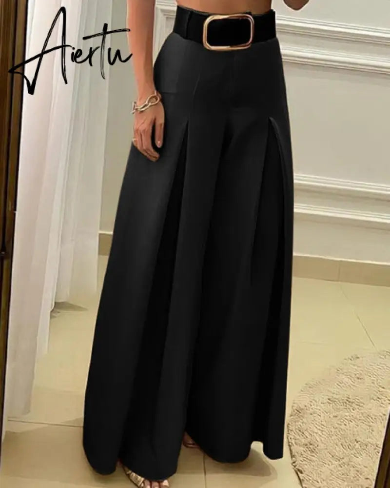 Aiertu  Women‘s Long Trousers Elegant Ladies Office Wear Casual Slim Fit High Waisted Ruched Pleated Wide Leg Pants Without Belt Aiertu