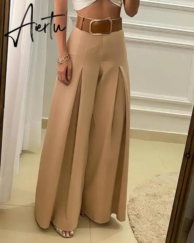 Aiertu  Women‘s Long Trousers Elegant Ladies Office Wear Casual Slim Fit High Waisted Ruched Pleated Wide Leg Pants Without Belt Aiertu