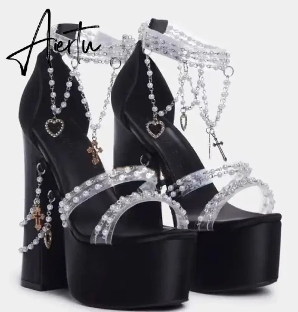 Fairy Girl's Pearl Beaded Platform Chunky Sandals Beading Necklace Chains Velvet High Heels Crystal Tassel One Line Lolita Shoes Aiertu