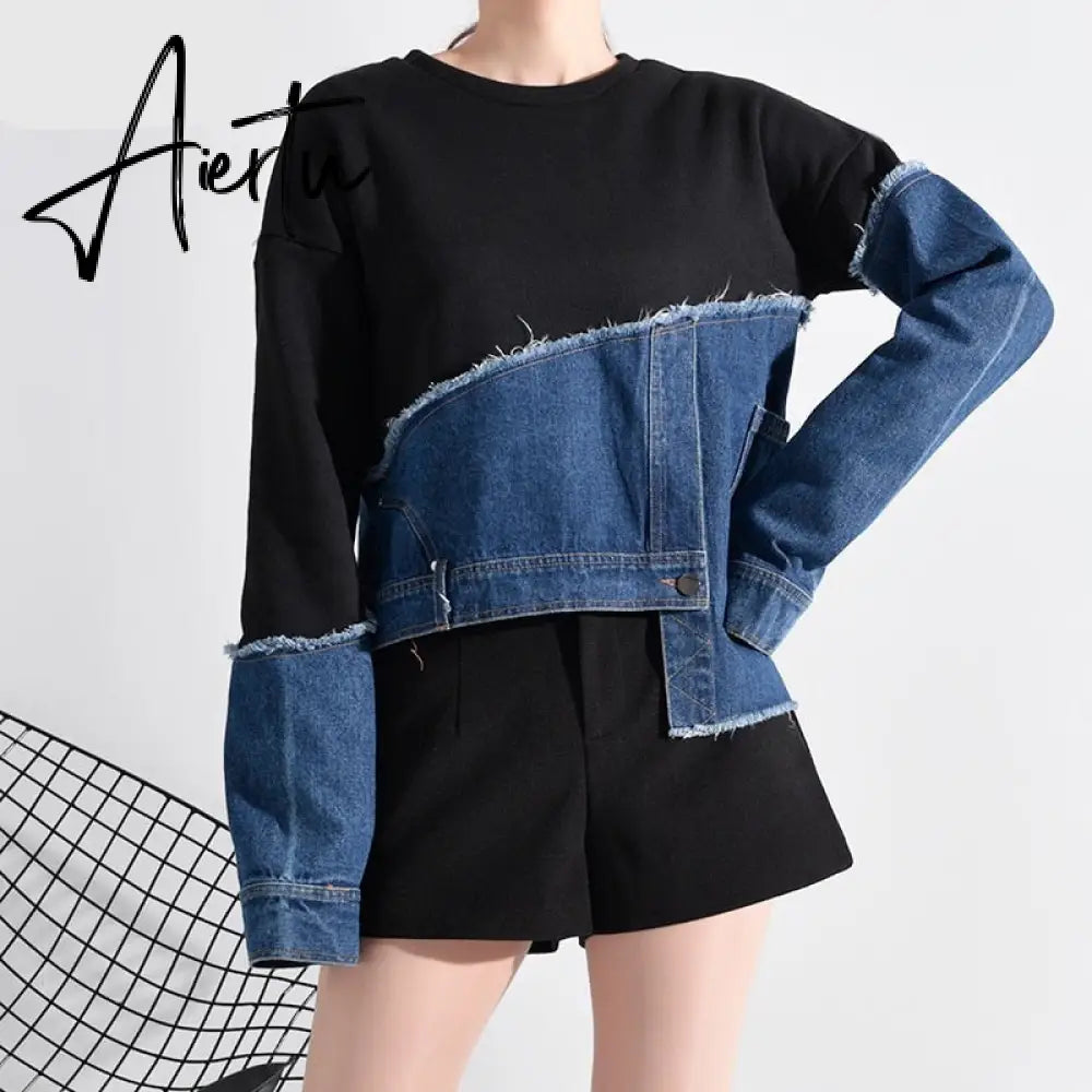 Loose Fit Denim Burr Split Asymmetrical Sweatshirt New Round Neck Long Sleeve Women Big Size Fashion Spring 1M87901 Aiertu