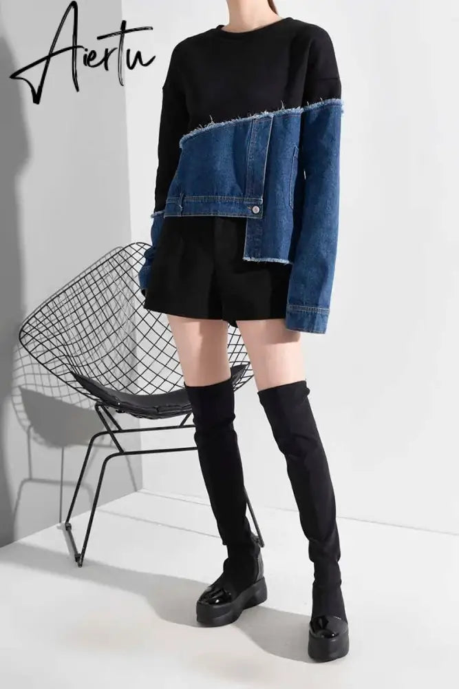 Loose Fit Denim Burr Split Asymmetrical Sweatshirt New Round Neck Long Sleeve Women Big Size Fashion Spring 1M87901 Aiertu