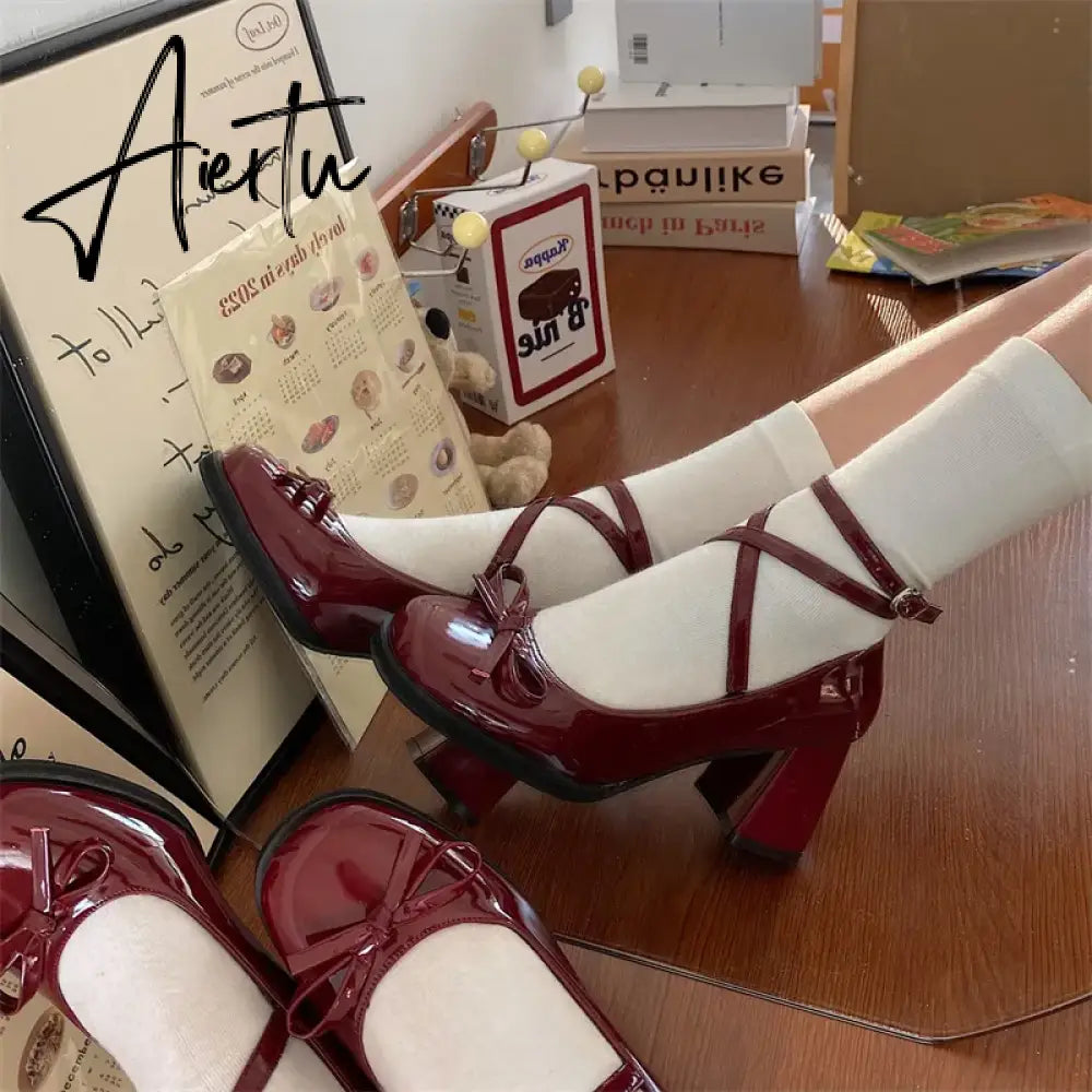 Red Mary Jane Women Pumps Thick High Heels Shoes Female Lolita Square Toe Shoes Spring Fashion Party Leather Woman Shoes New Aiertu