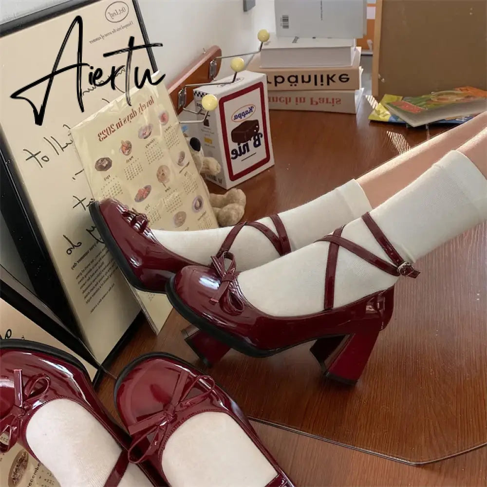 Red Mary Jane Women Pumps Thick High Heels Shoes Female Lolita Square Toe Shoes Spring Fashion Party Leather Woman Shoes New Aiertu