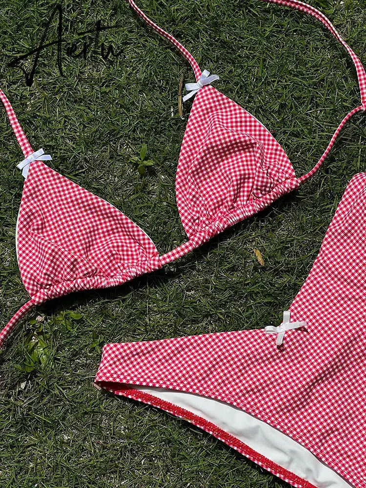 Sexy Swimsuit Triangle Bikinis Cherry Print Bikini Set Female Swimwear Women Bow Bathing Suits Lace Beachwear Micro Thong Biquin Aiertu