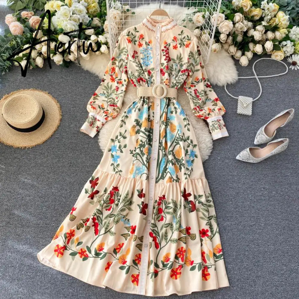 Women Vintage Print Dress Autumn Stand Collar Button Puff Sleeve Long Robe Fashion Chic Flower Streetwear Maxi Dresses Aiertu