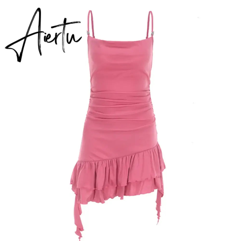 Womens Pink Dress Sling Sleeveless Ruffles Sexy America Fashion Temperament Minimalist Female Summer NEW Solid Miniskirt Aiertu