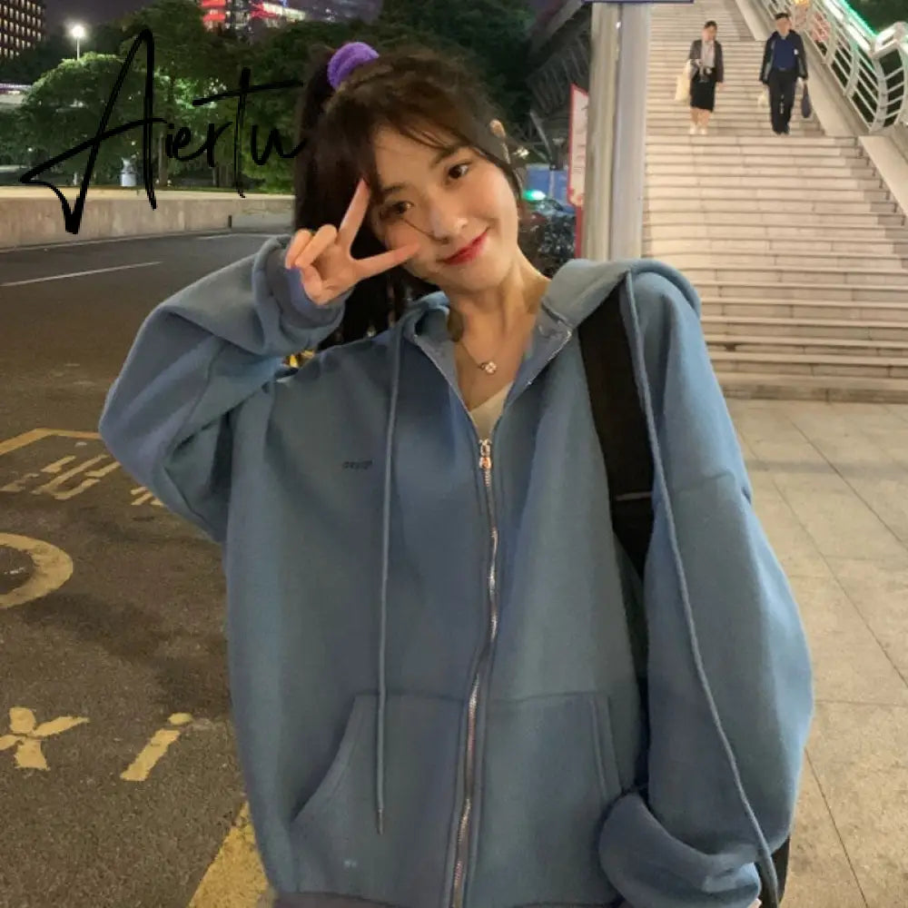Zip up Women Korean Style hoodies For Girls Top Vintage Solid Long Sleeve Oversized Hooded Sweatshirt Jacket Casual Large Coats Aiertu