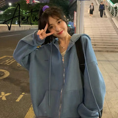 Zip up Women Korean Style hoodies For Girls Top Vintage Solid Long Sleeve Oversized Hooded Sweatshirt Jacket Casual Large Coats Aiertu