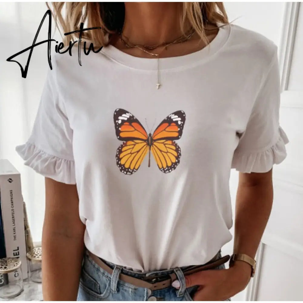 100% Cotton Casual Ruffles Short Sleeve Plus Size T Shirts Women Fashion Solid Loose T Shirt Spring Summer All-match Top Ladies Aiertu