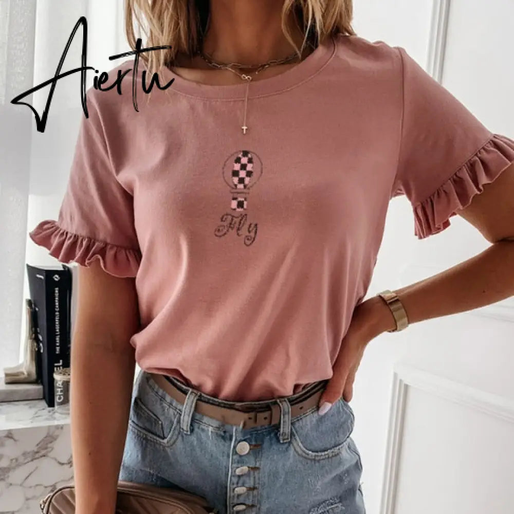 100% Cotton Casual Ruffles Short Sleeve Plus Size T Shirts Women Fashion Solid Loose T Shirt Spring Summer All-match Top Ladies Aiertu