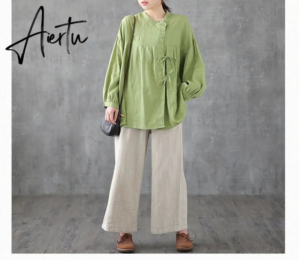 100% Cotton Oversized Shirt Women Autumn Long Sleeve Casual Tops New Vintage Style Solid Color Woman Blouses Shirts Aiertu