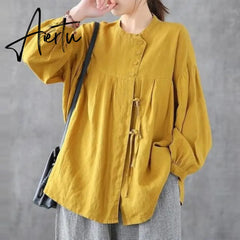 100% Cotton Oversized Shirt Women Autumn Long Sleeve Casual Tops New Vintage Style Solid Color Woman Blouses Shirts Aiertu