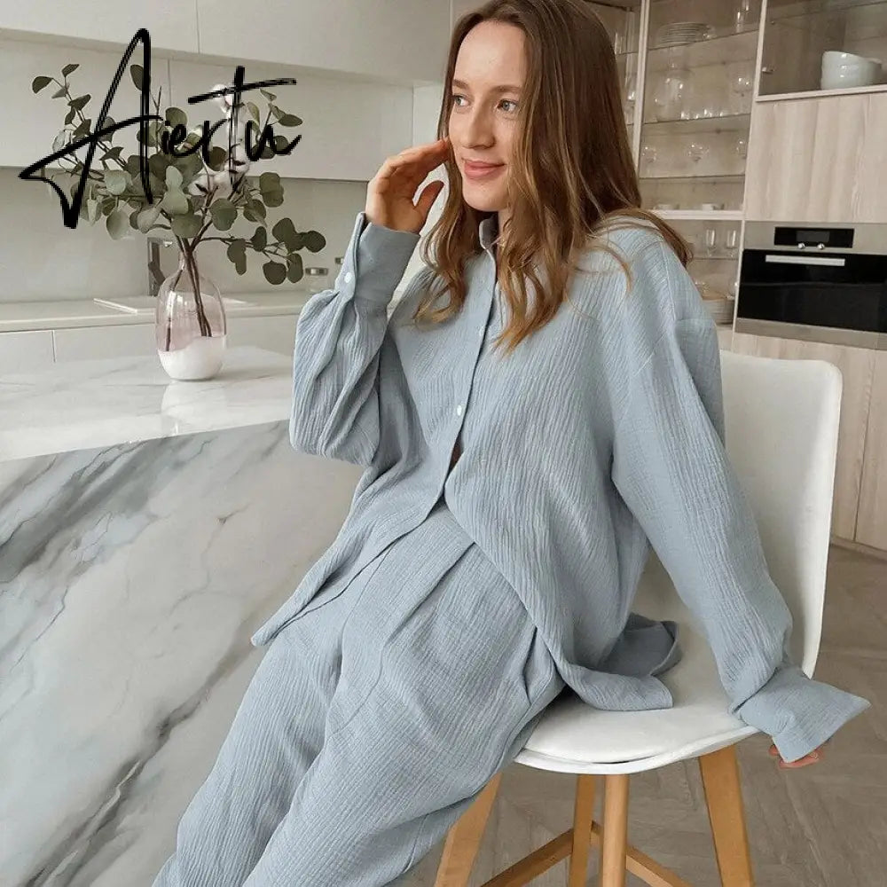 100% Cotton Pyjamas Set Women's Home Clothes Long Sleeve 2 Piece Sets Sleepwear Female Casual Trouser Suits Pajamas Solid Aiertu