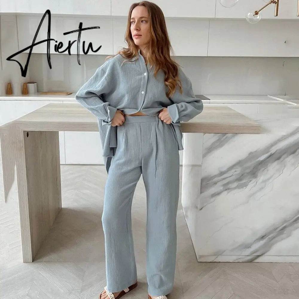 100% Cotton Pyjamas Set Women's Home Clothes Long Sleeve 2 Piece Sets Sleepwear Female Casual Trouser Suits Pajamas Solid Aiertu