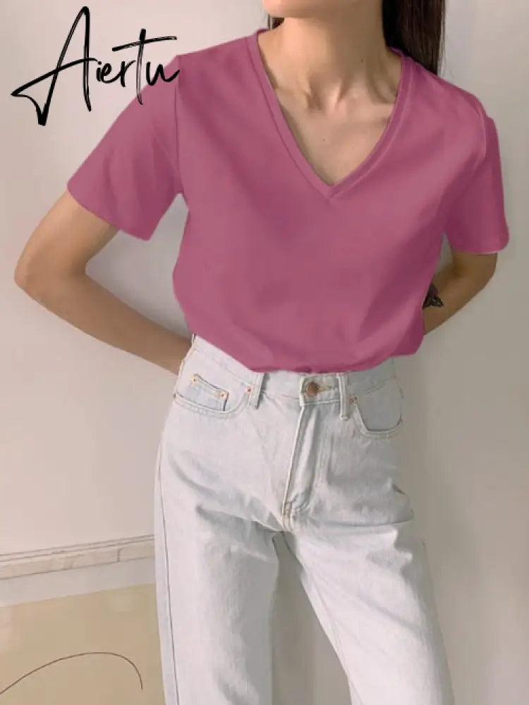 100% Cotton T Shirt Women Summer New Oversized Solid Basic Tees 9 Color Casual Loose Tshirt Korean O Neck Khaki Tops Aiertu