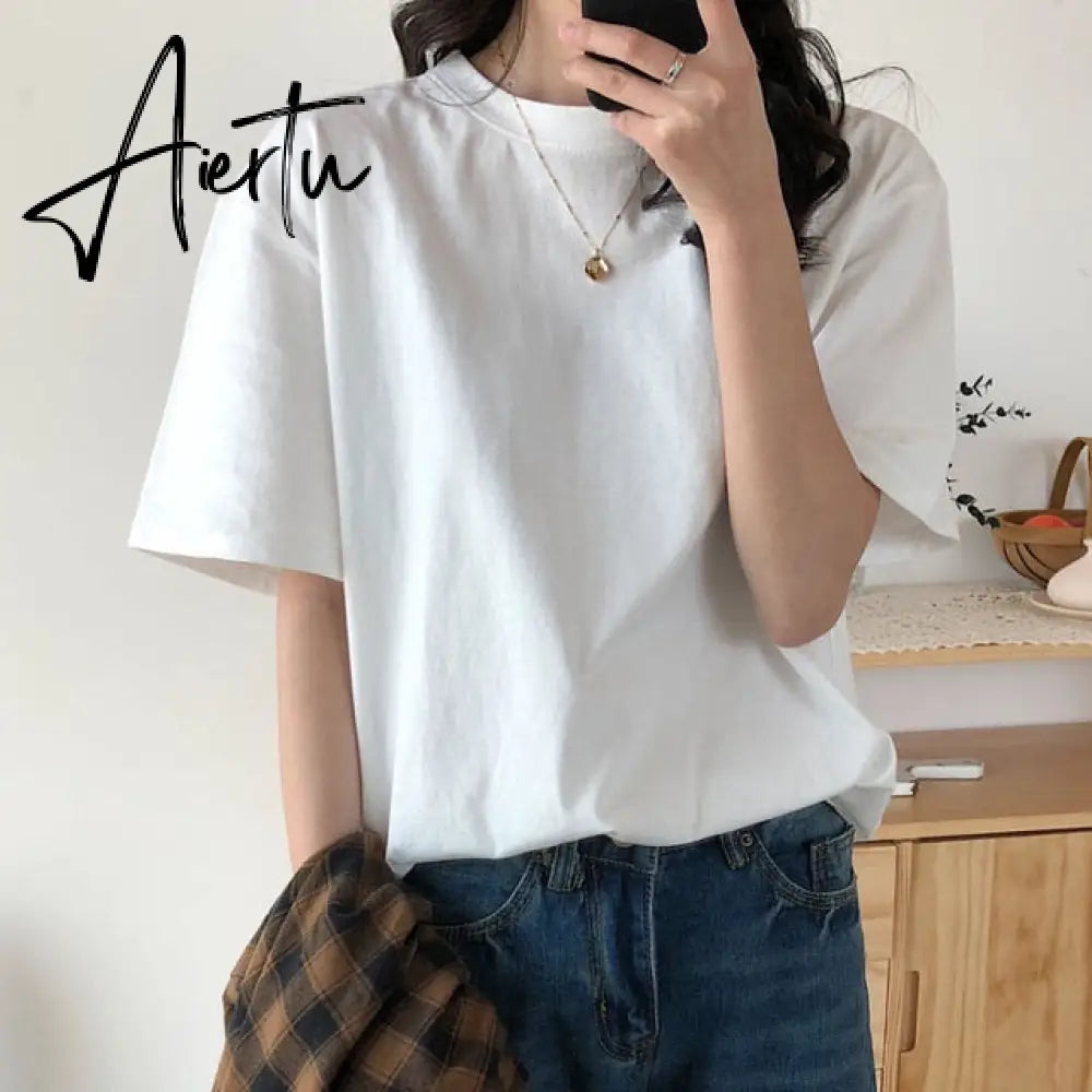 100% Cotton T Shirt Women Summer New Oversized Solid Basic Tees 9 Color Casual Loose Tshirt Korean O Neck Khaki Tops Aiertu