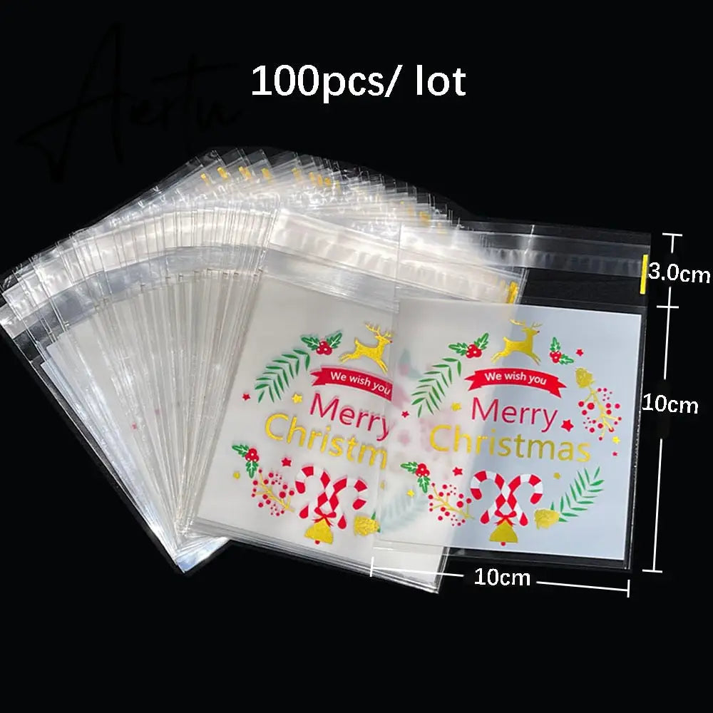100Pcs Christmas Transparent Packing Bag Santa Claus Snowflake Merry Xmas Candy Biscuit Cookie Bags for Christmas Party Supplies Aiertu