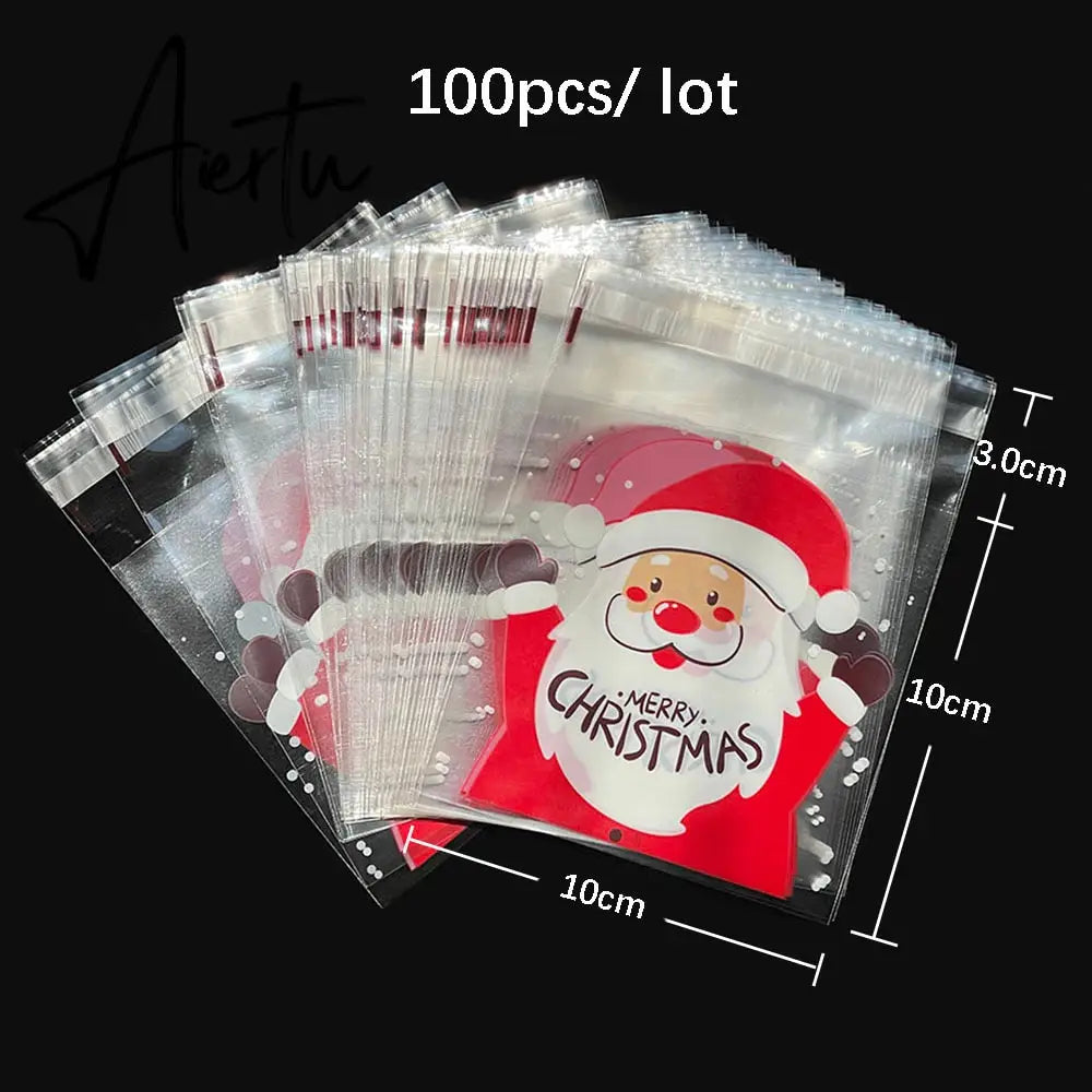 100Pcs Christmas Transparent Packing Bag Santa Claus Snowflake Merry Xmas Candy Biscuit Cookie Bags for Christmas Party Supplies Aiertu
