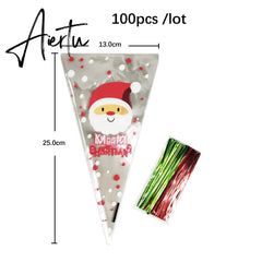 100Pcs Merry Christmas Plastic Bag Santa Claus Snowflake Deer Biscuit Candy Gift Bags for Xmas Party Decoration Supplies Aiertu