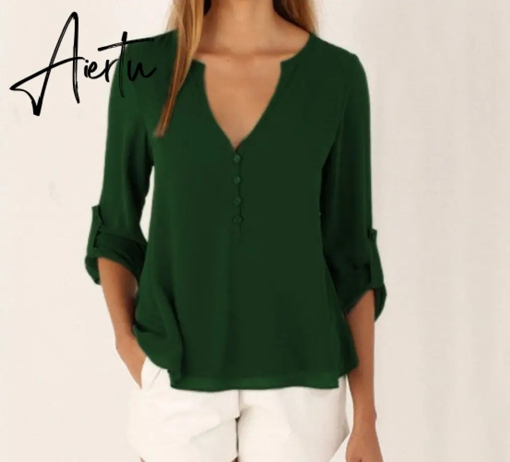 11-Color 8-Size Popular European and American Elegant Women Long-Sleeved V-neck Loose Large Chiffon Shirt Aiertu