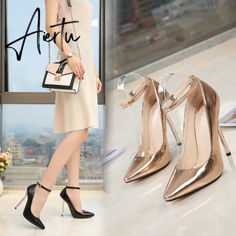 13cm Sexy High Heels Women Night Club Pointed Toe Ankle Strap Thin Metal Heels PU Leather Office Ladies Pumps Shoes Plus Size 44 Aiertu