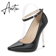 13cm Sexy High Heels Women Night Club Pointed Toe Ankle Strap Thin Metal Heels PU Leather Office Ladies Pumps Shoes Plus Size 44 Aiertu