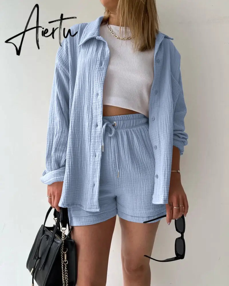 2 Piece Casual Sleepwear Cotton Pajamas for Women Turn-Down Collar Sleep Tops Suits with Shorts Gauze Cardigan Homewear Summer Aiertu