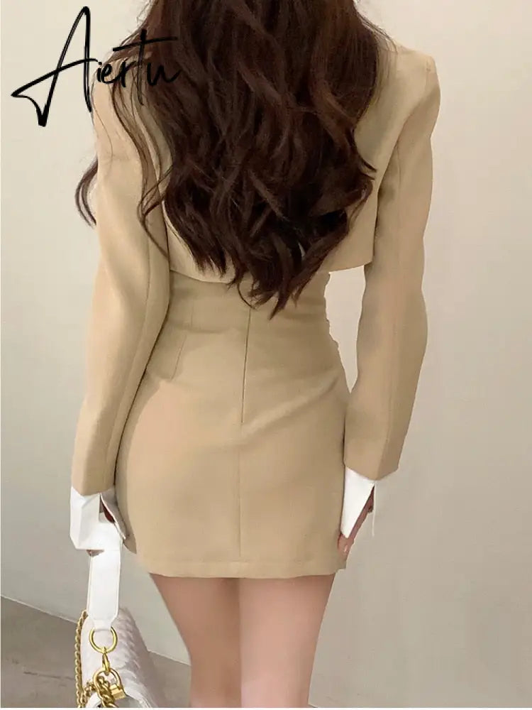 2 Piece Dress Set Women Casual Y2k Crop Tops Elegant Jacket Coats + Mini Skirts Korean Fashion Suits  Autumn Blazers Dress Aiertu