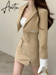 2 Piece Dress Set Women Casual Y2k Crop Tops Elegant Jacket Coats + Mini Skirts Korean Fashion Suits  Autumn Blazers Dress Aiertu