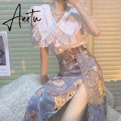 2 Piece Set Women Casual French Lace Blouse+Vintage Midi Floral Skirts Fashion Suits Female Korean Style Office Lady Summer Aiertu