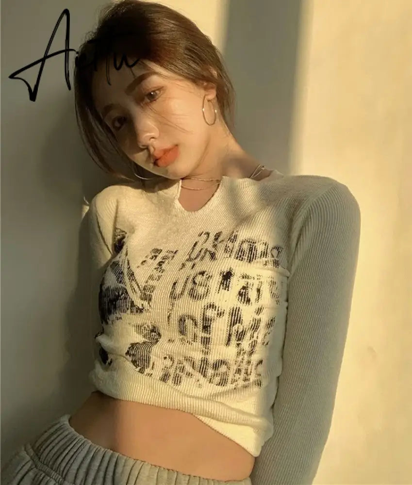 2000s Retro Harajuku Grunge T-shirt Graphic Print Long Sleeve Crop Top Chic Women Vintage Slim Fit Korean Fashion Tees Clothes Aiertu