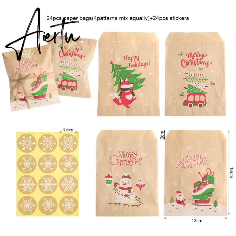 24Sets Christmas Kraft Paper Bags Santa Claus Snowman Fox Holiday Xmas Party Favor Bag Candy Cookie Pouch Gift Wrapping Supplies Aiertu