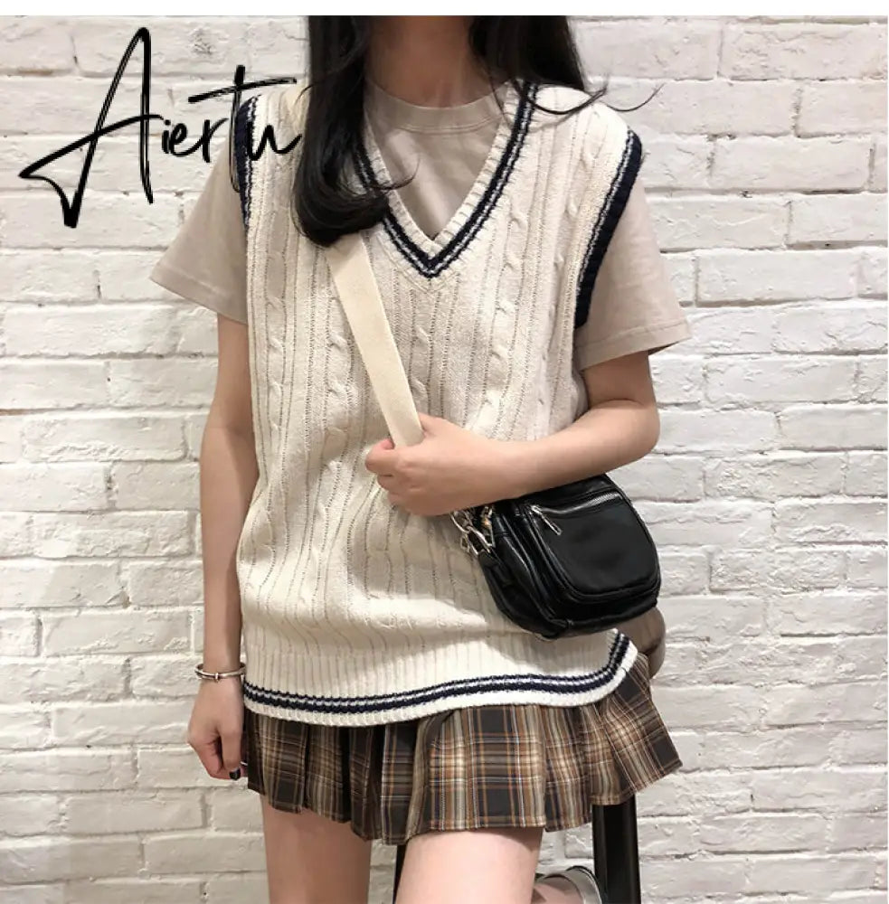 3 colors autumn and winter preppy style v neck knitted sleeveless vest sweaters womens pullovers womens (X973) Aiertu