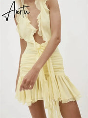 3D Flower Patchwork Mini Dress for Women Halter Tie-up Off Shoulder Backless Ruched Summer Dress Tassel Aiertu