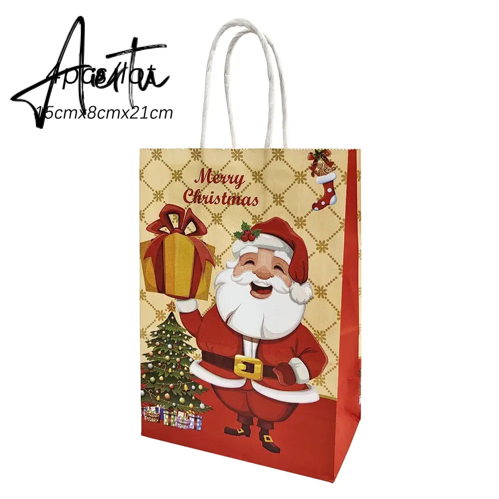 4Pcs Merry Christmas Paper Gift Bags Santa Claus Snowflake Dot Cartoon Stripe Xmas Tree Candy Biscuit Bag for Christmas Supplies Aiertu