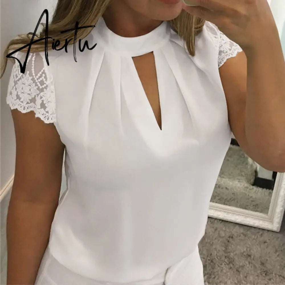 5XL Large Size New Women Sexy Lace White Blouse Shirt Ladies Short Sleeve V-neck Casual Slim Chiffon Shirts Blusas Top Mujer Aiertu