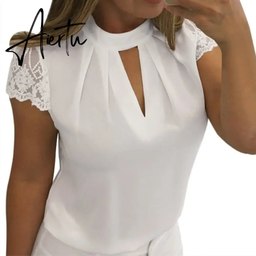 5XL Large Size New Women Sexy Lace White Blouse Shirt Ladies Short Sleeve V-neck Casual Slim Chiffon Shirts Blusas Top Mujer Aiertu
