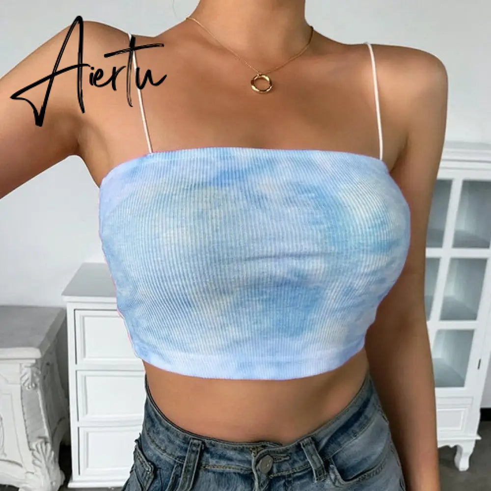 90s Blue Halter Top Y2K Aesthetic Summer Sleeveless Cropped Sexy Women Backless Camisole Tube Top E-girl Cute Sweet Streetwear Aiertu