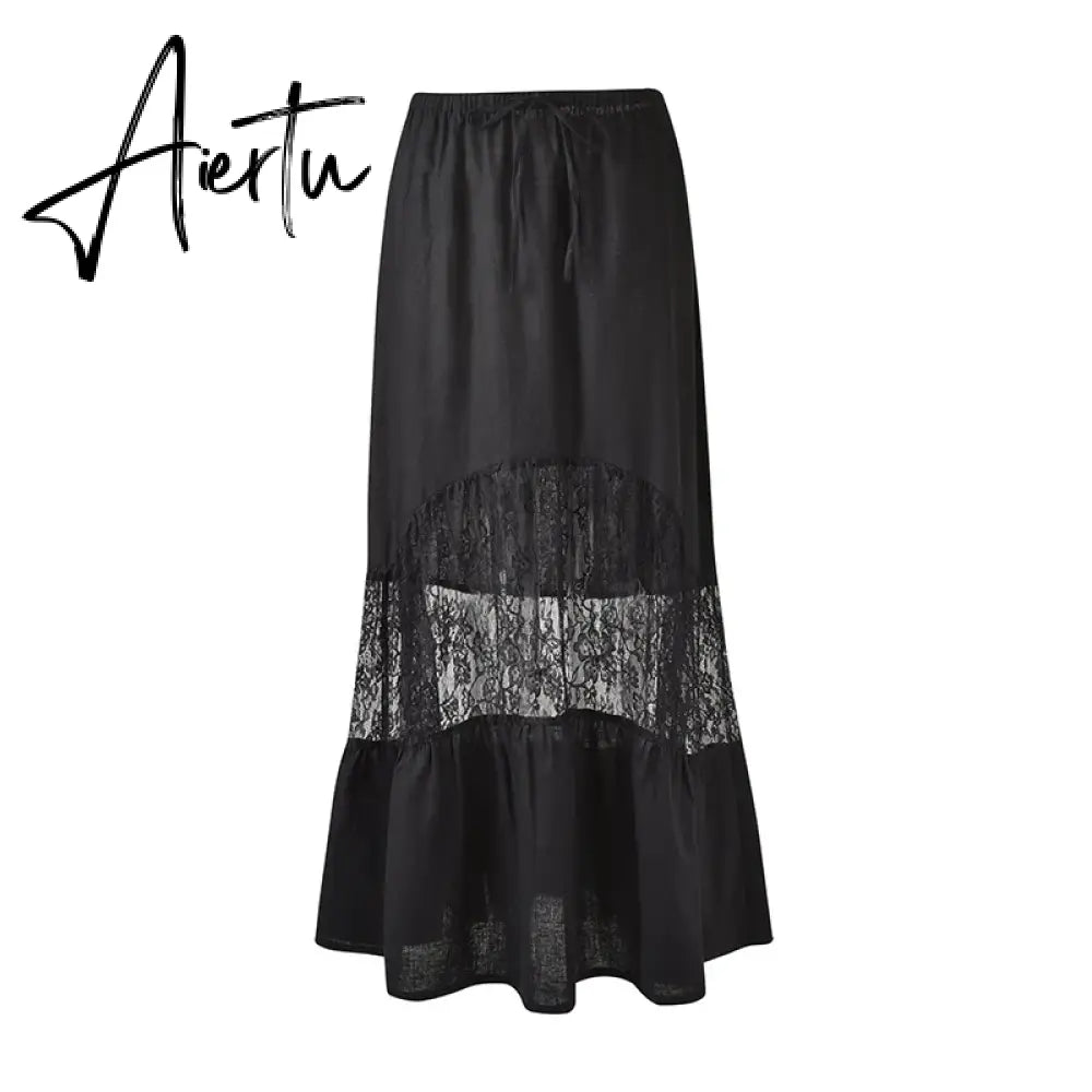 90s Vintage Floral Lace Sheer Crop Tops + Long Skirt 2 Piece Matching Set Fiary Grunge Off Shoulder T-shirt Y2K Streetwear Aiertu