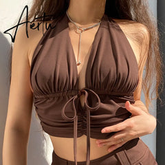 90s Y2K Brown Cami Tanks Ruched Tie Up Crop Top Women New Harajuku Cute Backless Tank Tops Sexy Halter Party Beachwear Aiertu