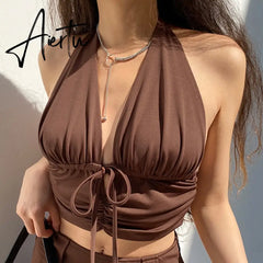90s Y2K Brown Cami Tanks Ruched Tie Up Crop Top Women New Harajuku Cute Backless Tank Tops Sexy Halter Party Beachwear Aiertu