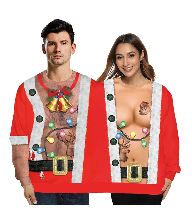 Christmas Sweater holiday spoof 3D digital printing couples two-piece double sweater loose lovers Funny Autumn Winter Clothing New Year Aiertu